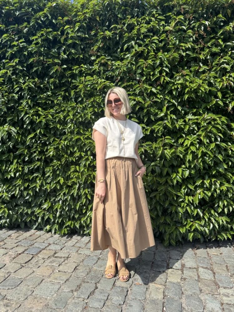 flared cotton skirt camel