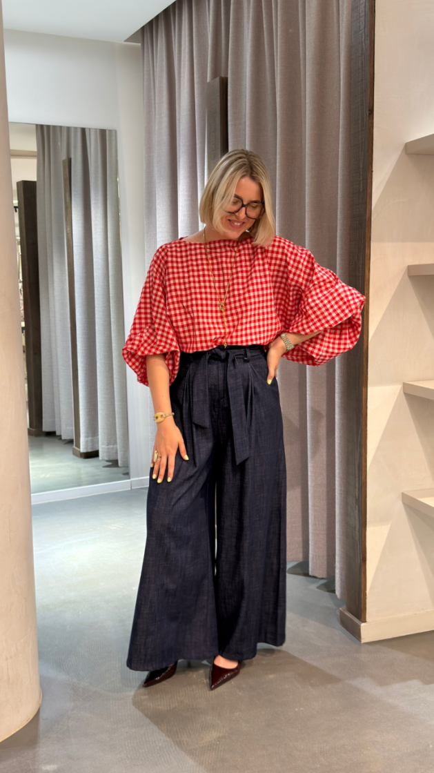 short plaid blouse batwing rouge